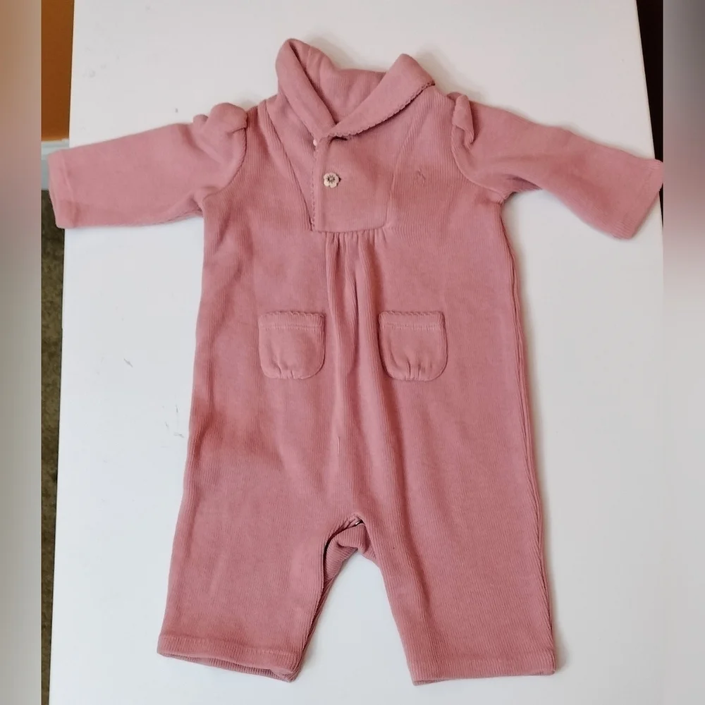 Ralph Lauren 3 Months Baby Girl Ripped Cotton Shawl Collar Coverall Pink